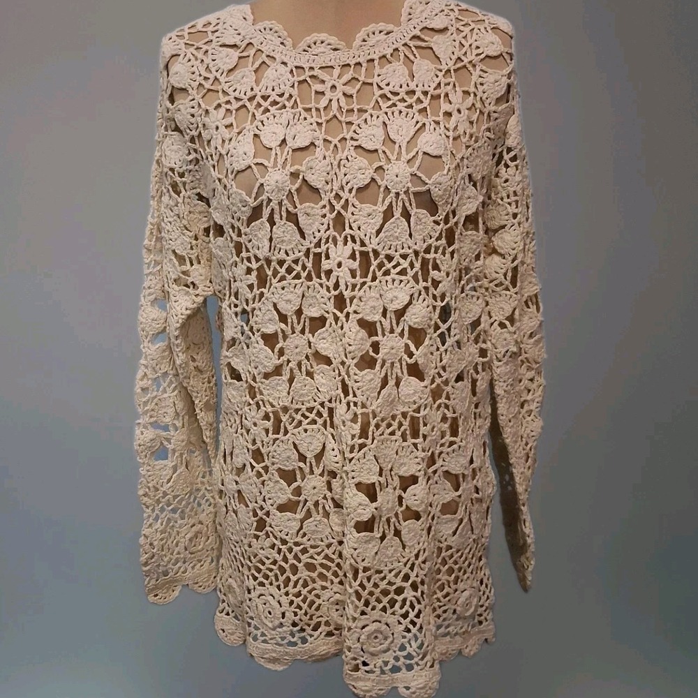 90s Womens Silk Cotton Ivory Star Crochet Sweater‎ Sz S Cottagecore Festival
